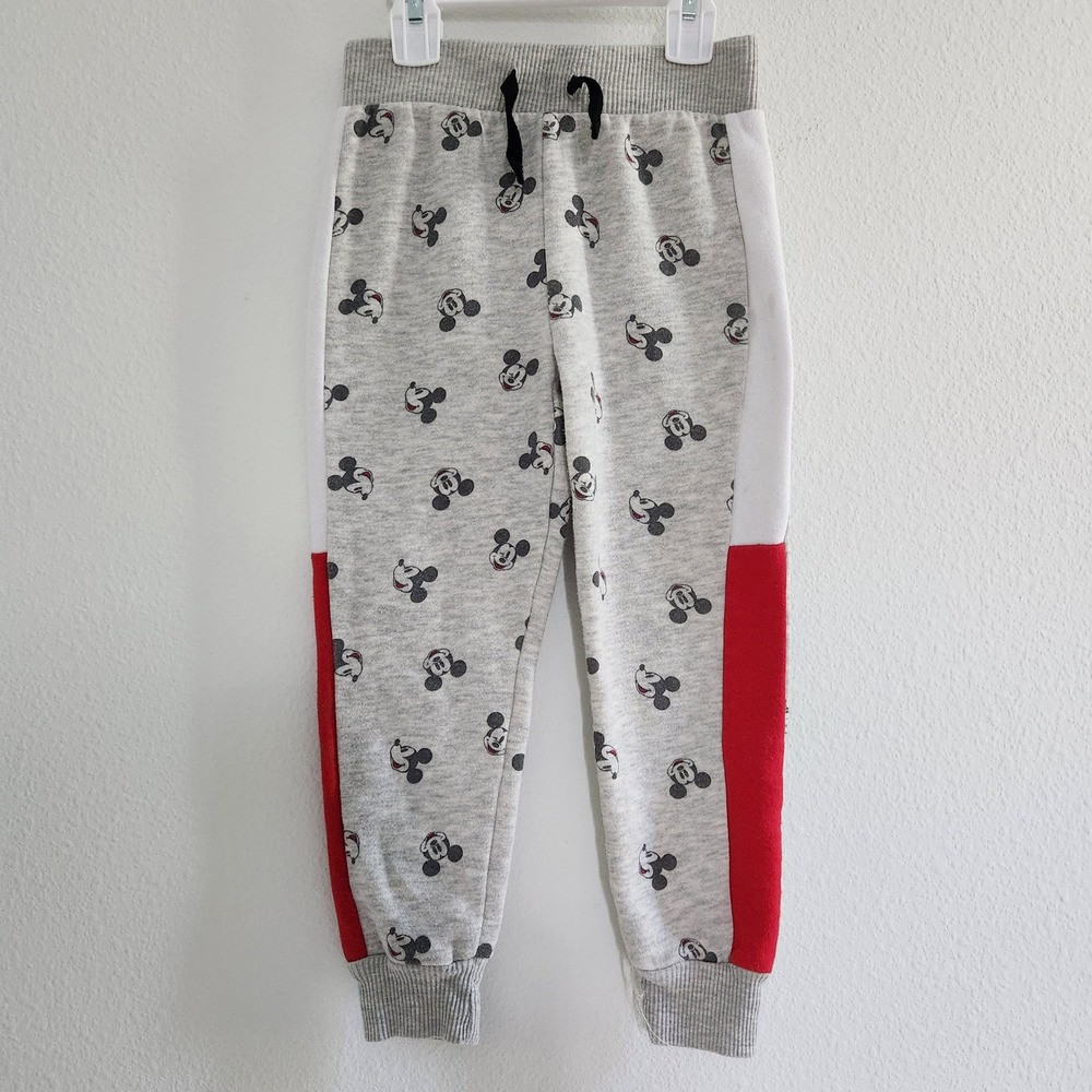 Disney Mickey Mouse Gray Fleece Joggers Red Side Stripe‎ Sweatpants Kids size 4T
